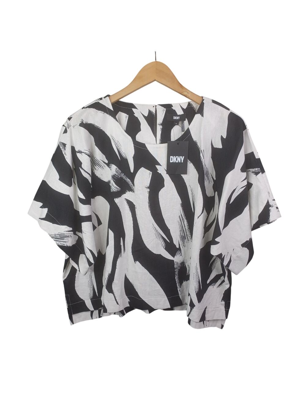 DKNY Women Linen Blend Kimono Sleeve Tunic XL Black White Beach Resort Old Money